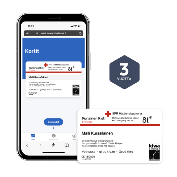 Kuvassa esitellään SPR Hätäensiapukurssi 8t® -todistus: älypuhelimen näytöllä näkyvä digitaalinen kortti osoitteessa oma.ensiaputodistus.fi, sekä fyysinen muovikortti. Mukana myös kolmiovuotisen voimassaolon osoittava '3 vuotta' -merkki."