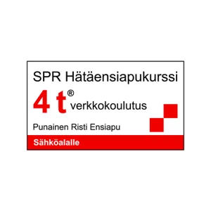 Kuva SPR Hätäensiapukurssi 4 t verkkokoulutuksen logosta sähköalan työntekijöille. Mukana Punaisen Ristin ensiapuneliöt ja kurssin nimi.