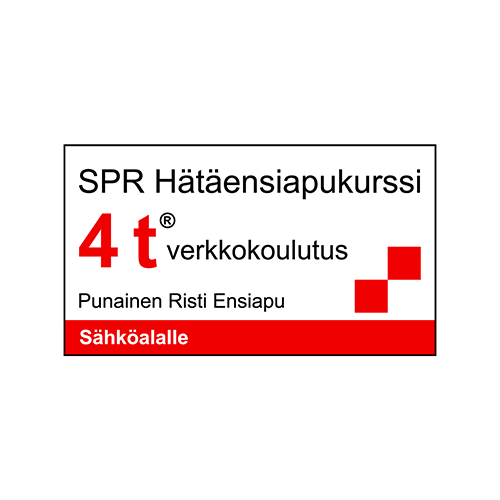 Kuva SPR Hätäensiapukurssi 4 t verkkokoulutuksen logosta sähköalan työntekijöille. Mukana Punaisen Ristin ensiapuneliöt ja kurssin nimi.